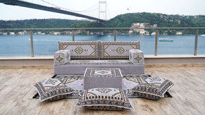 Gray Palace Elegance: Single Floor Sofa Set – Arabic Floor Seating – Boho Living Room Seating – Handmade Floor Sofa