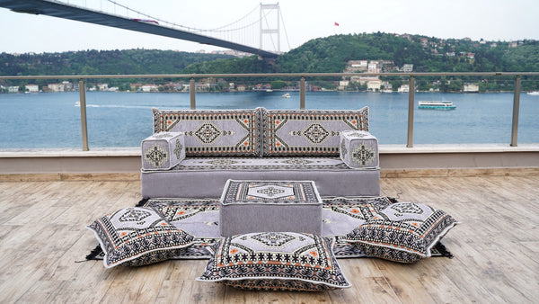 Gray Palace Elegance: Single Floor Sofa Set – Arabic Floor Seating – Boho Living Room Seating – Handmade Floor Sofa