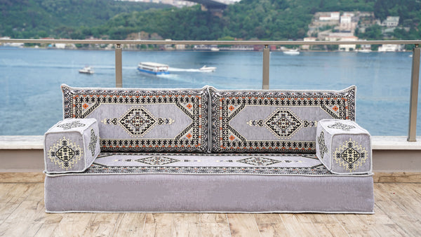 Gray Palace Elegance: Single Floor Sofa Set – Arabic Floor Seating – Boho Living Room Seating – Handmade Floor Sofa