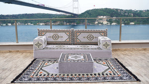Gray Palace Elegance: Single Floor Sofa Set – Arabic Floor Seating – Boho Living Room Seating – Handmade Floor Sofa