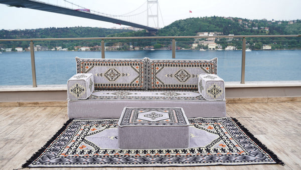 Gray Palace Elegance: Single Floor Sofa Set – Arabic Floor Seating – Boho Living Room Seating – Handmade Floor Sofa