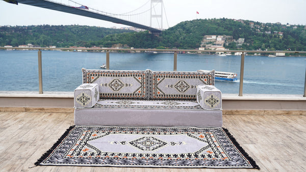 Gray Palace Elegance: Single Floor Sofa Set – Arabic Floor Seating – Boho Living Room Seating – Handmade Floor Sofa