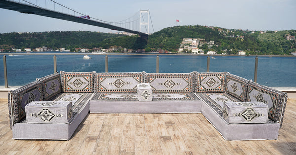 Gray Palace Elegance: U Shaped Floor Sofa Set – Oriental Arabic Majlis – Moroccan Floor Seating – Kilim Floor Sofa