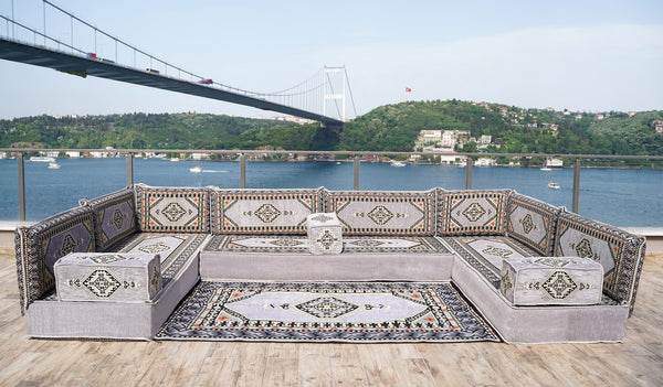 Gray Palace Elegance: U Shaped Floor Sofa Set – Oriental Arabic Majlis – Moroccan Floor Seating – Kilim Floor Sofa