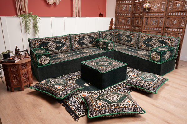 L Shaped Green Moroccan Livingroom Cushions, Corner Floor Couch, Turkish Sofa, Oriental Floor Cushions, Sofa Pillow, Floor Cushions
