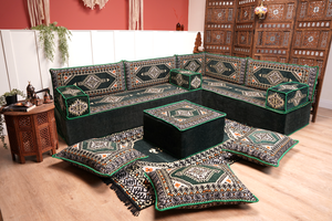 Green Moroccan Home Decor Cushion, 4" Thickness Corner Floor Seating Set, L Shaped Floor Couch, Sectional Sofa Set