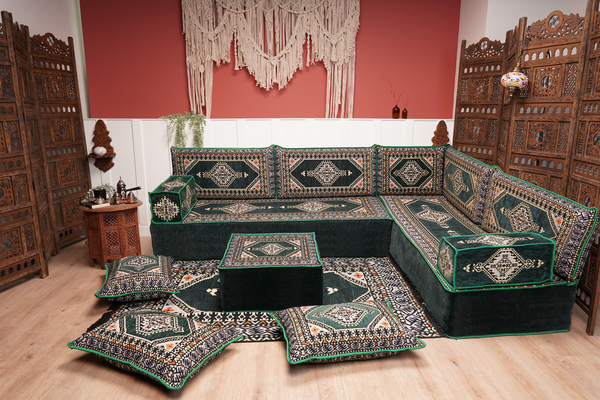 L Shaped Green Moroccan Livingroom Cushions, Corner Floor Couch, Turkish Sofa, Oriental Floor Cushions, Sofa Pillow, Floor Cushions