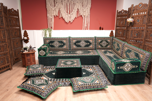 Green Moroccan Home Decor Cushion, 4" Thickness Corner Floor Seating Set, L Shaped Floor Couch, Sectional Sofa Set