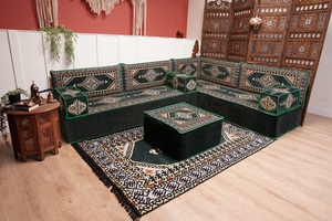 L Shaped Green Moroccan Livingroom Cushions, Corner Floor Couch, Turkish Sofa, Oriental Floor Cushions, Sofa Pillow, Floor Cushions