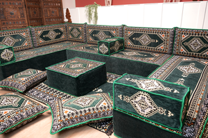 U-förmiges grünes arabisches Eck-Bodensitzkissen, Modulare Bodencouch, Bodensofas, Balkon-Terrassensofas, Palettensofa, Ethno-Sofa