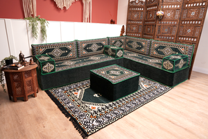 Green Moroccan Home Decor Cushion, 4" Thickness Corner Floor Seating Set, L Shaped Floor Couch, Sectional Sofa Set