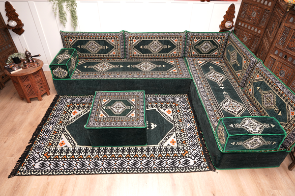 Green Moroccan Home Decor Cushion, 4" Thickness Corner Floor Seating Set, L Shaped Floor Couch, Sectional Sofa Set