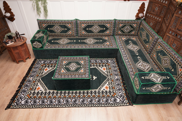 L Shaped Green Moroccan Livingroom Cushions, Corner Floor Couch, Turkish Sofa, Oriental Floor Cushions, Sofa Pillow, Floor Cushions
