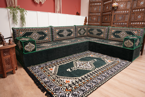 L Shaped Green Moroccan Livingroom Cushions, Corner Floor Couch, Turkish Sofa, Oriental Floor Cushions, Sofa Pillow, Floor Cushions