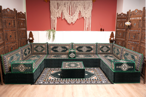 U-förmiges grünes arabisches Eck-Bodensitzkissen, Modulare Bodencouch, Bodensofas, Balkon-Terrassensofas, Palettensofa, Ethno-Sofa