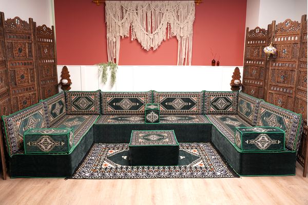 U-förmiges grünes arabisches Eck-Bodensitzkissen, Modulare Bodencouch, Bodensofas, Balkon-Terrassensofas, Palettensofa, Ethno-Sofa