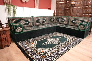Green Moroccan Home Decor Cushion, 4" Thickness Corner Floor Seating Set, L Shaped Floor Couch, Sectional Sofa Set