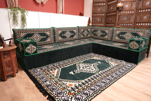Green Moroccan Home Decor Cushion, 4" Thickness Corner Floor Seating Set, L Shaped Floor Couch, Sectional Sofa Set