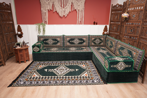 L Shaped Green Moroccan Livingroom Cushions, Corner Floor Couch, Turkish Sofa, Oriental Floor Cushions, Sofa Pillow, Floor Cushions