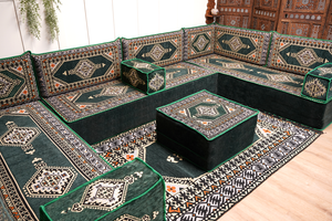U-förmiges grünes arabisches Eck-Bodensitzkissen, Modulare Bodencouch, Bodensofas, Balkon-Terrassensofas, Palettensofa, Ethno-Sofa