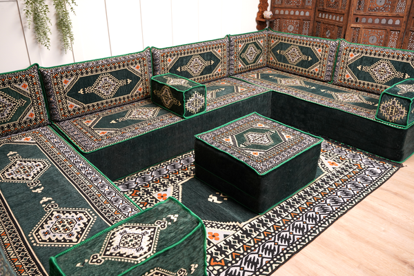 U-förmiges grünes arabisches Eck-Bodensitzkissen, Modulare Bodencouch, Bodensofas, Balkon-Terrassensofas, Palettensofa, Ethno-Sofa