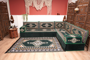 Green Moroccan Home Decor Cushion, 4" Thickness Corner Floor Seating Set, L Shaped Floor Couch, Sectional Sofa Set