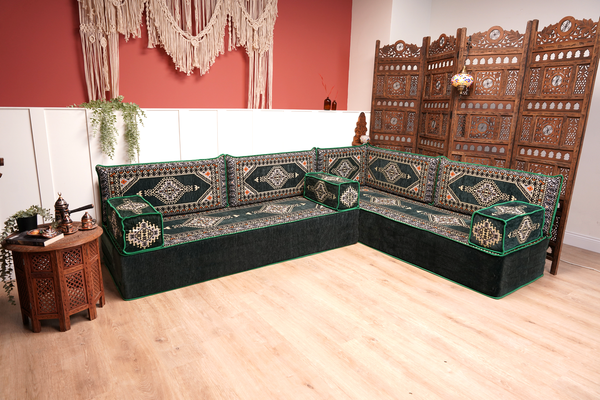 Green Moroccan Home Decor Cushion, 4" Thickness Corner Floor Seating Set, L Shaped Floor Couch, Sectional Sofa Set