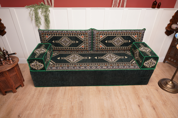 16'' Thickness Green Moroccan Sofa, Arabic Majlis Sofa, Floor Cushions, Arabic Floor Couch, Sectional Sofa, Traditional Living Room Sofa, Sectional Sofa