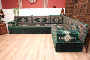 Green Moroccan Home Decor Cushion, 4" Thickness Corner Floor Seating Set, L Shaped Floor Couch, Sectional Sofa Set
