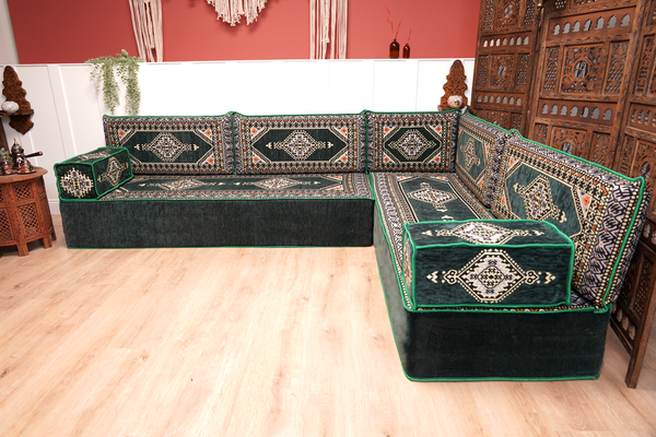 Green Moroccan Home Decor Cushion, 4" Thickness Corner Floor Seating Set, L Shaped Floor Couch, Sectional Sofa Set