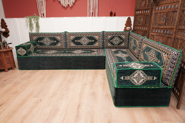 L Shaped Green Moroccan Livingroom Cushions, Corner Floor Couch, Turkish Sofa, Oriental Floor Cushions, Sofa Pillow, Floor Cushions