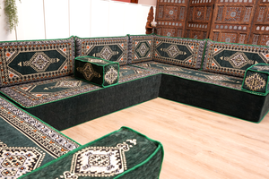 U-förmiges grünes arabisches Eck-Bodensitzkissen, Modulare Bodencouch, Bodensofas, Balkon-Terrassensofas, Palettensofa, Ethno-Sofa