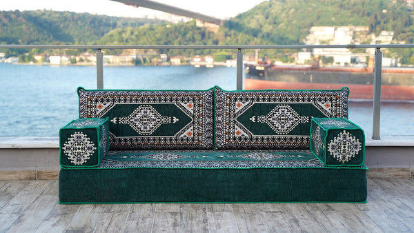 طقم كنب أرضي أخضر، كنب مقسم، طقم كنب أرضي عربي، سجادة يوغا للتأمل، سرير أريكة فوتون، أريكة مع أريكة عثمانية وسجادة