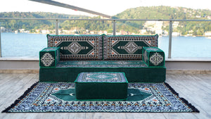 طقم كنب أرضي أخضر، كنب مقسم، طقم كنب أرضي عربي، سجادة يوغا للتأمل، سرير أريكة فوتون، أريكة مع أريكة عثمانية وسجادة