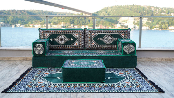 طقم كنب أرضي أخضر، كنب مقسم، طقم كنب أرضي عربي، سجادة يوغا للتأمل، سرير أريكة فوتون، أريكة مع أريكة عثمانية وسجادة