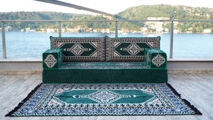 طقم كنب أرضي أخضر، كنب مقسم، طقم كنب أرضي عربي، سجادة يوغا للتأمل، سرير أريكة فوتون، أريكة مع أريكة عثمانية وسجادة