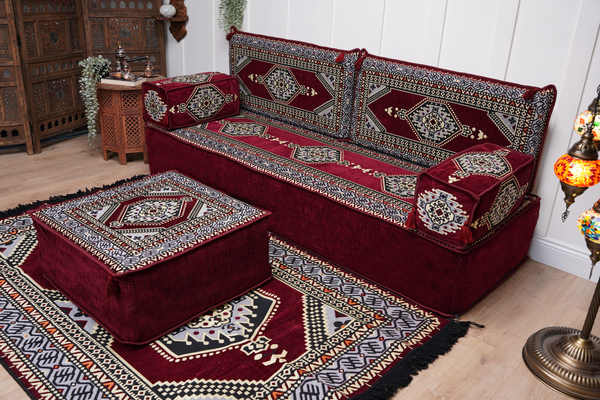 Sofa with Ottoman Couch and Rug, Bohemian Furniture, Arabic Majlis, Sectional Sofa, Turkish Rug Sofa, Moroccan Couch, Custom Made Sofa