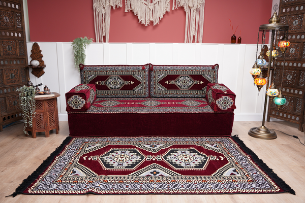 Sofa with Ottoman Couch and Rug, Bohemian Furniture, Arabic Majlis, Sectional Sofa, Turkish Rug Sofa, Moroccan Couch, Custom Made Sofa