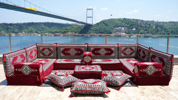 Maroon Palace Elegance: U Shaped Floor Sofa Set – Arabic Floor Couch – Corner Floor Sofa – Ethnic Jalsa Cushion