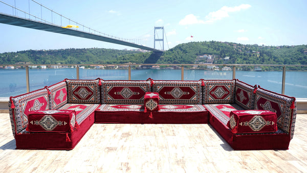 Maroon Palace Elegance: U Shaped Floor Sofa Set – Arabic Floor Couch – Corner Floor Sofa – Ethnic Jalsa Cushion