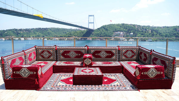 Maroon Palace Elegance: U Shaped Floor Sofa Set – Arabic Floor Couch – Corner Floor Sofa – Ethnic Jalsa Cushion
