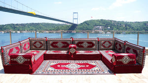 Maroon Palace Elegance: U Shaped Floor Sofa Set – Arabic Floor Couch – Corner Floor Sofa – Ethnic Jalsa Cushion