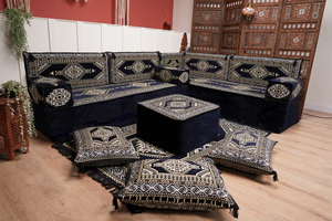 Arabic Corner Floor Couch, L Shaped Navy Blue Turkish Sofa, Oriental Floor Cushions, Arabic Majlis, Traditional Living Room Sofa, Arabic Jalsa Set