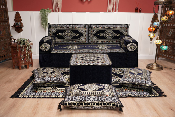 Navy Blue Arabic Sofa with Ottoman Couch and Rug, Floor Cushion Seating, Arabic Jalsa Set, Sectional Sofa, Arabic Sofa Seating, Moroccan Sofa