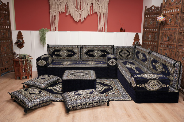 Arabic Corner Floor Couch, L Shaped Navy Blue Turkish Sofa, Oriental Floor Cushions, Arabic Majlis, Traditional Living Room Sofa, Arabic Jalsa Set