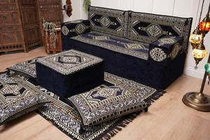 Navy Blue Arabic Sofa with Ottoman Couch and Rug, Floor Cushion Seating, Arabic Jalsa Set, Sectional Sofa, Arabic Sofa Seating, Moroccan Sofa