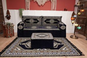 Navy Blue Arabic Sofa with Ottoman Couch and Rug, Floor Cushion Seating, Arabic Jalsa Set, Sectional Sofa, Arabic Sofa Seating, Moroccan Sofa