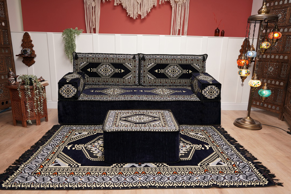 Navy Blue Arabic Sofa with Ottoman Couch and Rug, Floor Cushion Seating, Arabic Jalsa Set, Sectional Sofa, Arabic Sofa Seating, Moroccan Sofa