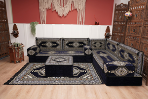 Arabic Corner Floor Couch, L Shaped Navy Blue Turkish Sofa, Oriental Floor Cushions, Arabic Majlis, Traditional Living Room Sofa, Arabic Jalsa Set