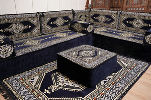 Arabic Corner Floor Couch, L Shaped Navy Blue Turkish Sofa, Oriental Floor Cushions, Arabic Majlis, Traditional Living Room Sofa, Arabic Jalsa Set
